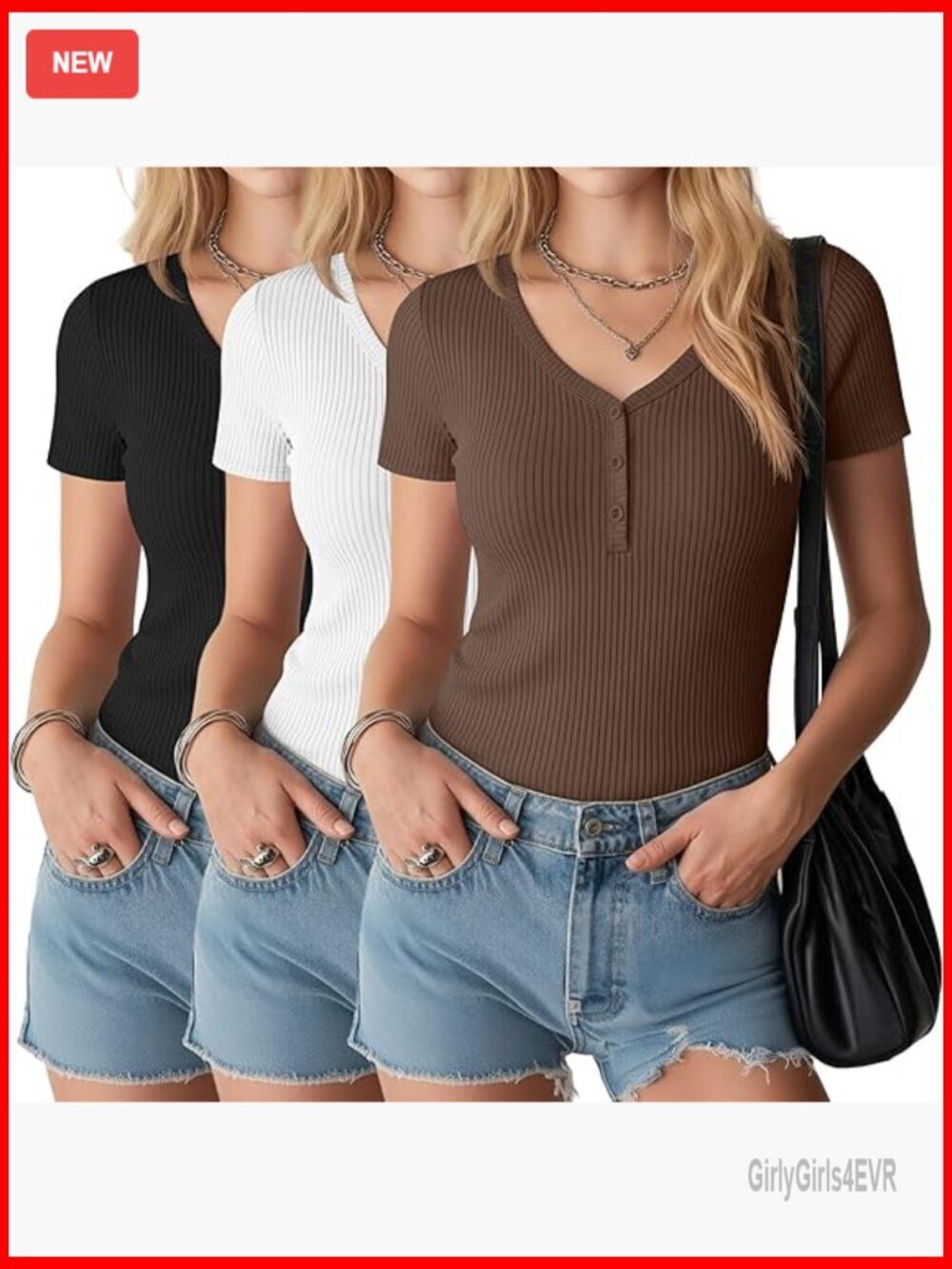 3 Pack Ribbed V-Neck Henley Tees Slim Fit Short Sleeve Button Tops